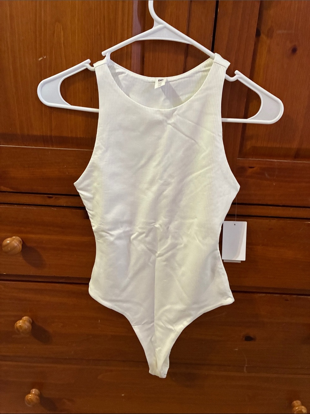 bp White Ribbed High-Neck Bodysuit